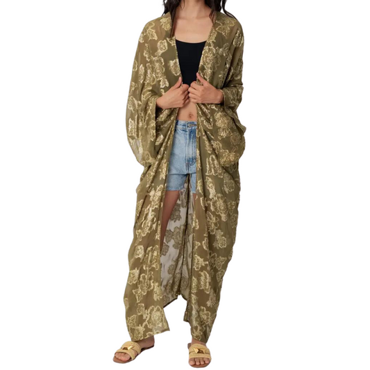 Green and Metallic Gold Long Kimono Jacket