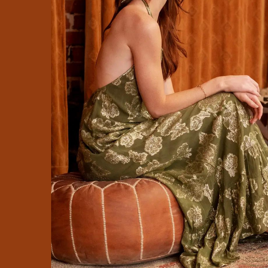 Green and Metallic Gold Long Maxi Halter Dress