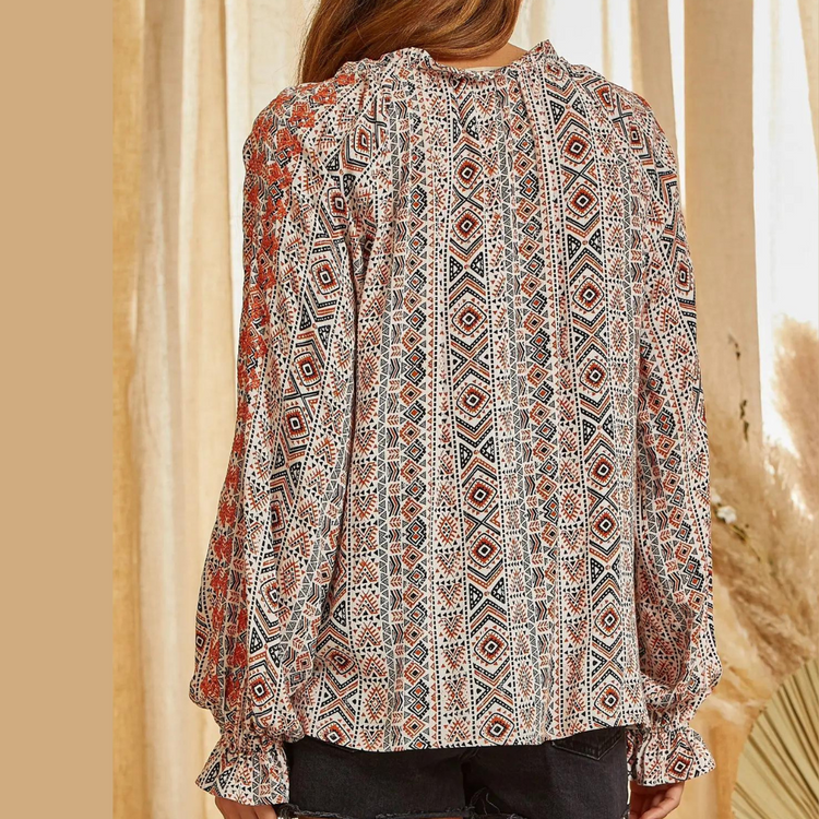 Loose Fit Boho Ethnic Print Inspired Poet Style Blouse Top with Embroidery Detail