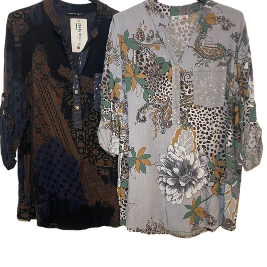 Italian Blouse with Sequin Chest Pocket and Upper Button Top Various Colors and Patterns