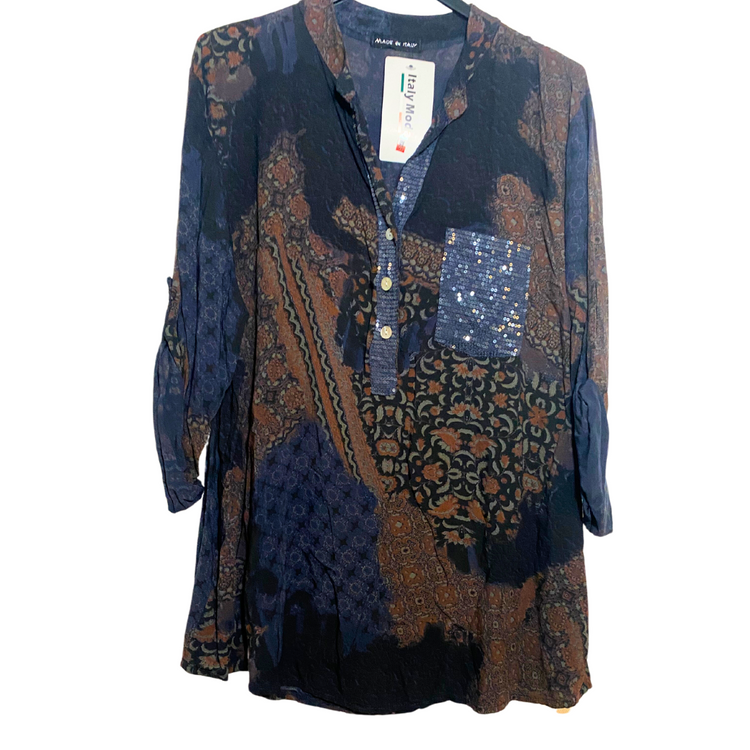 Italian Blouse with Sequin Chest Pocket and Upper Button Top Various Colors and Patterns