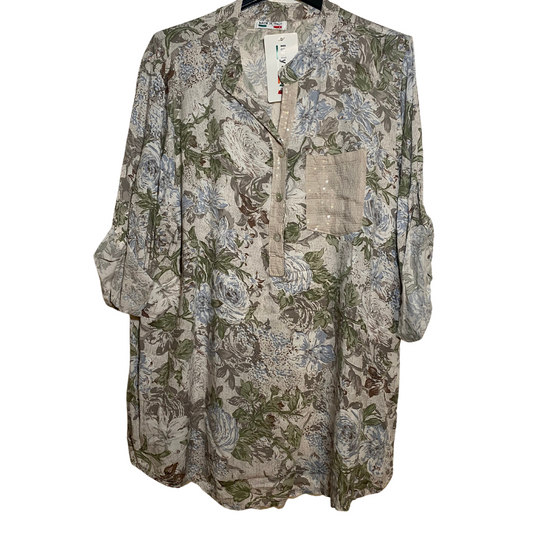 Italian Floral Blouse with Sequin Chest Pocket and Upper Button Top