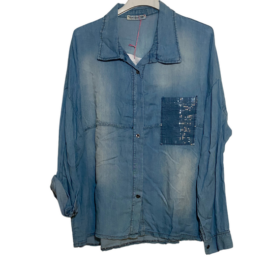 Italian Distressed Chambray Top with Sequin Chest Pocket and Sequin Upper Button V-Neck