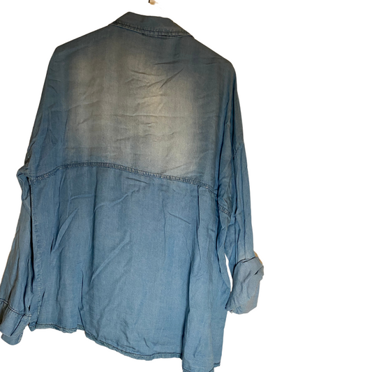 Italian Distressed Chambray Top with Sequin Chest Pocket and Sequin Upper Button V-Neck