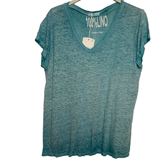 Italian Distressed Turquoise Linen Short Sleeve V-Neck Tee Shirt