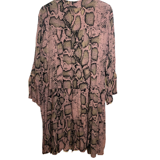 Italian Pink Black Snake Print Long Sleeve Babydoll Dress with V-Neck Button