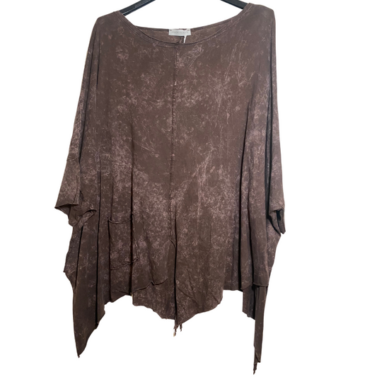 Italian Cotton Brown Mineral Washed Asymmetrical Loose Pull Over Top