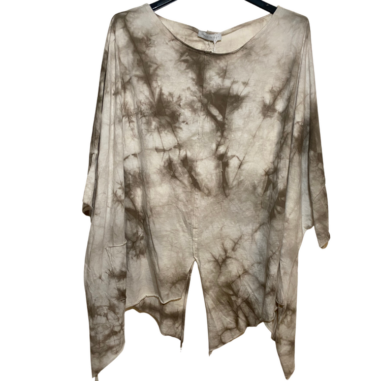 Italian Cotton Brown or Gray Tie Dye Asymmetrical Loose Pull Over Top