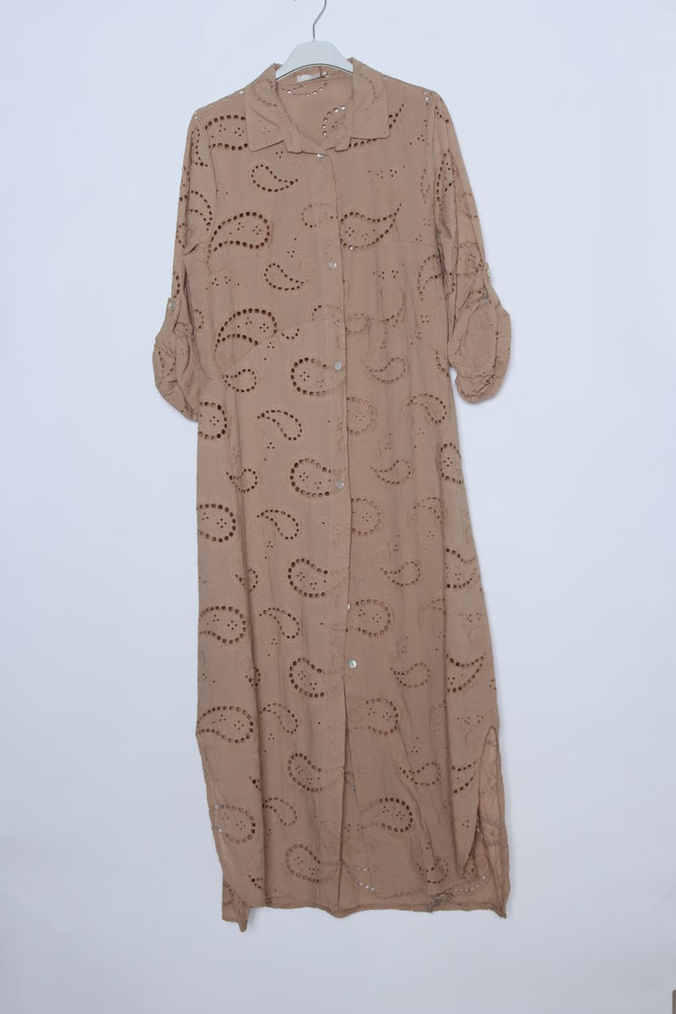 Italian Long Button Front Eyelet Paisley Shirt Dress