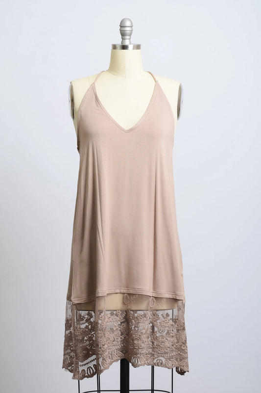 Taupe Strappy Racer Back Mini Slip Dress with Bottom Lace Trim Detail