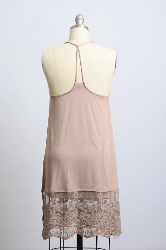 Taupe Strappy Racer Back Mini Slip Dress with Bottom Lace Trim Detail