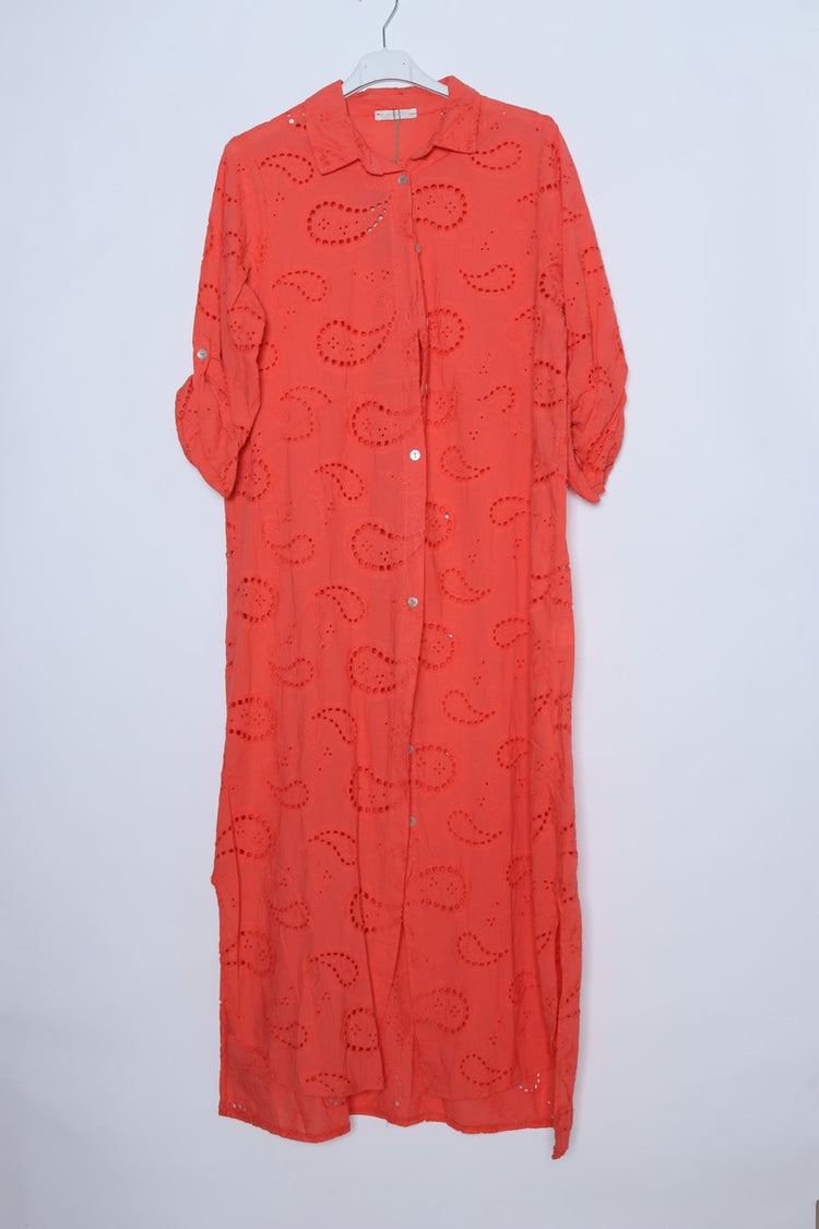 Italian Long Button Front Eyelet Paisley Shirt Dress