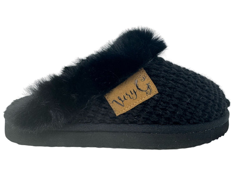 Black Sweater Fur Sherpa Lined Slip-on Mule Shoe with Furry Trim