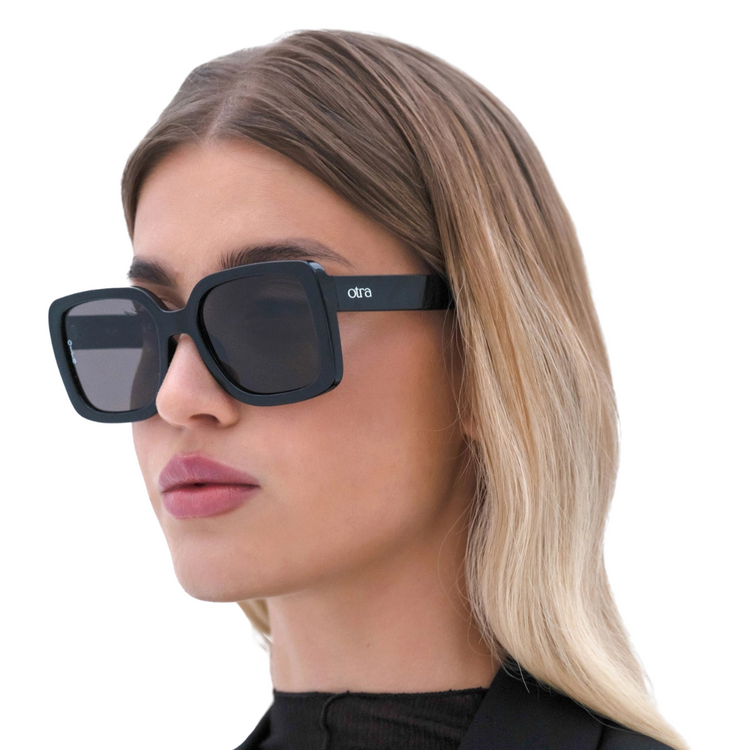 Otra Coco Shiny Black Squared Frame Rounded Edges Sunglasses with Dark Lens