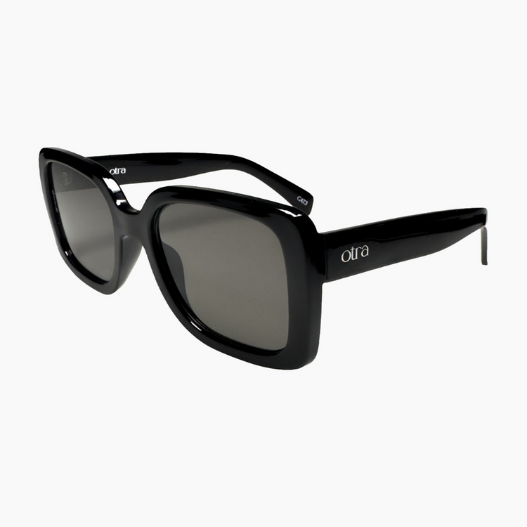 Otra Coco Shiny Black Squared Frame Rounded Edges Sunglasses with Dark Lens