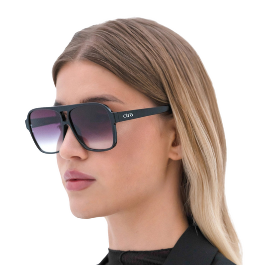 Otra Alix Oversized Black Aviator Sunglasses with Gradient Fade Smoke Lens