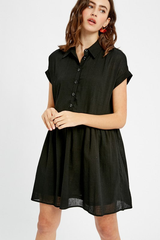 Linen Textured Collared Button Down Baydoll Dress