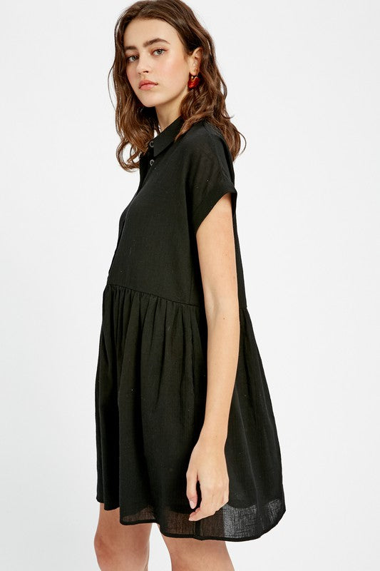 Linen Textured Collared Button Down Baydoll Dress