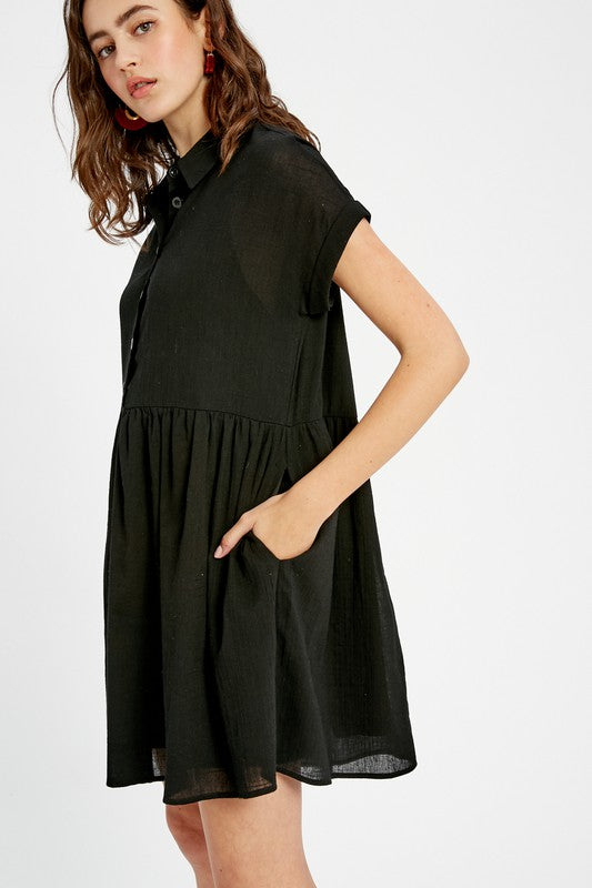 Linen Textured Collared Button Down Baydoll Dress