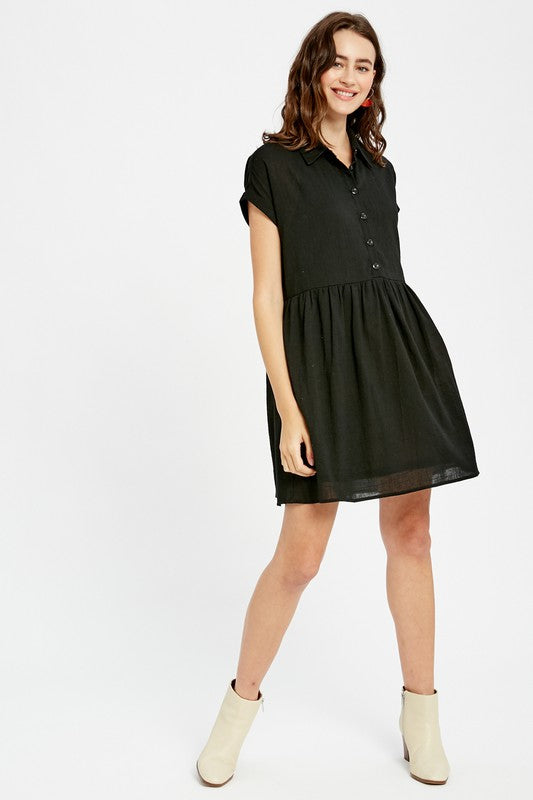 Linen Textured Collared Button Down Baydoll Dress