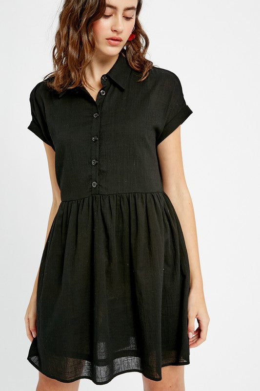 Linen Textured Collared Button Down Baydoll Dress