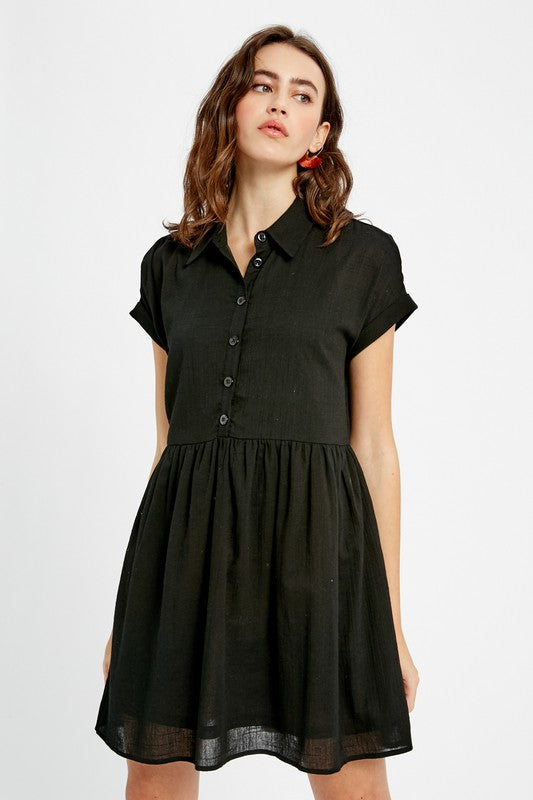 Linen Textured Collared Button Down Baydoll Dress