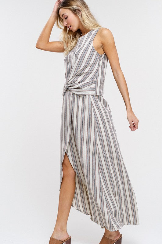 Stripe Knot Sleeveless Top and Slit Skirt Set