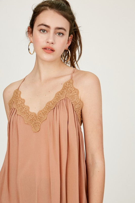 Crinkle Rayon Racerback Camisole With Lace