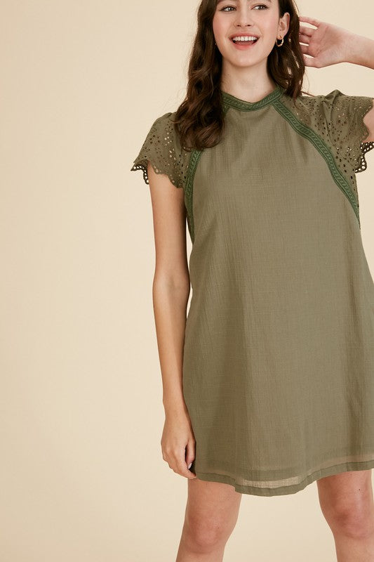 Embroidery Eyelet Lace Sleeve Shift Dress