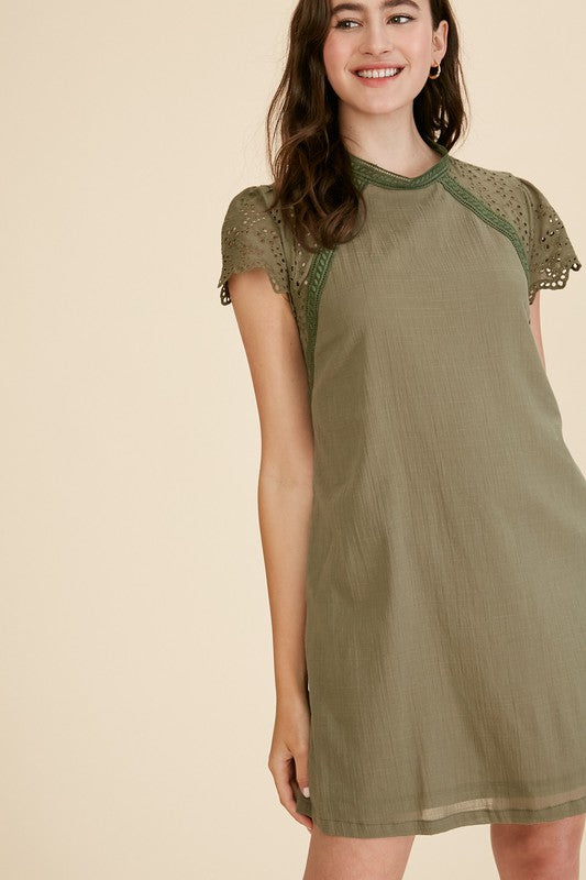 Embroidery Eyelet Lace Sleeve Shift Dress