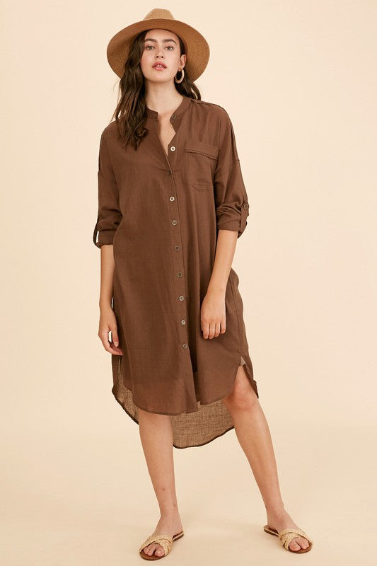 Linen Textured Cotton Button Down Shirts Dress