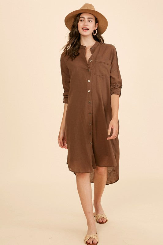 Linen Textured Cotton Button Down Shirts Dress