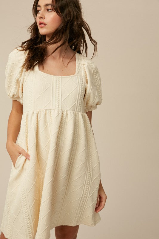 Cable Knit Square Neck Puff Sleeves Babydoll Dress