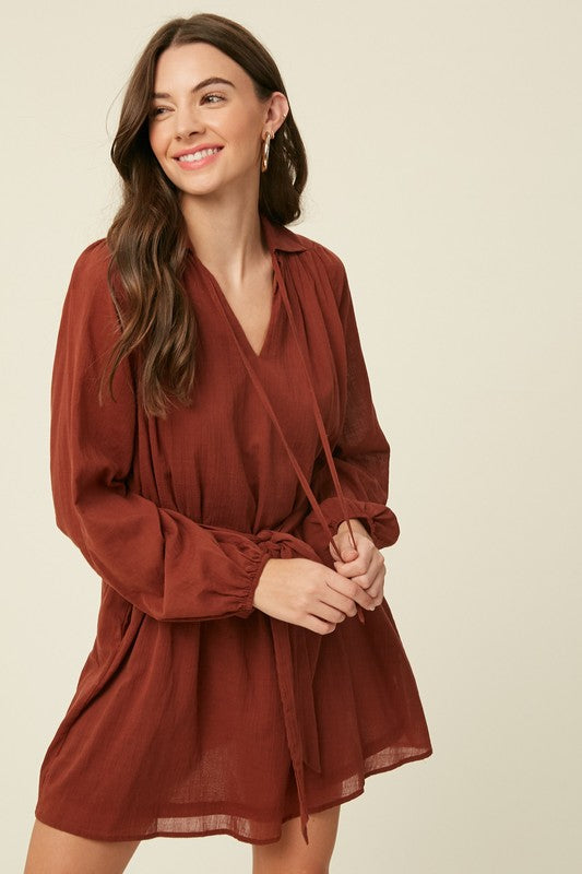 Linen Textured Cotton Collared Dress