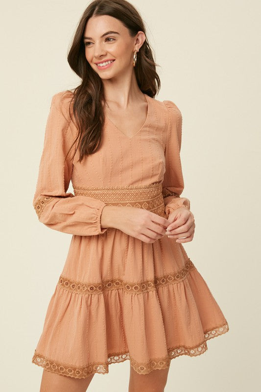 Textured Cotton V-neck Dress With Lace