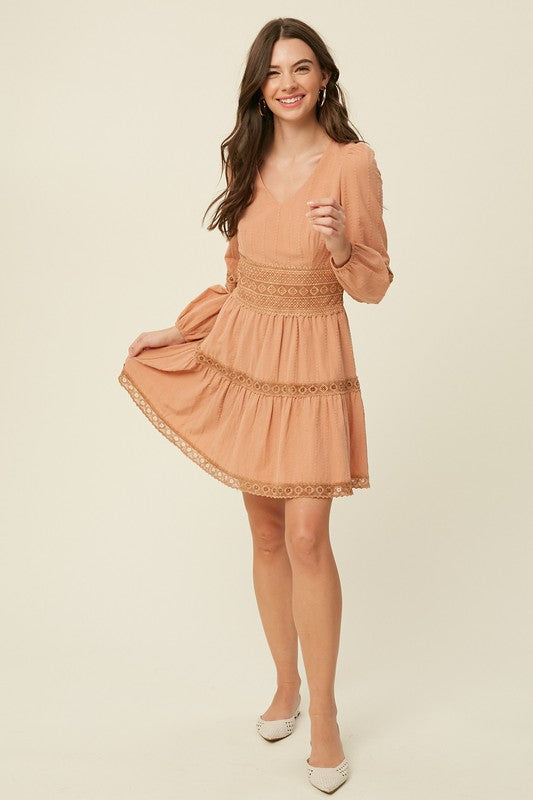 Textured Cotton V-neck Dress With Lace