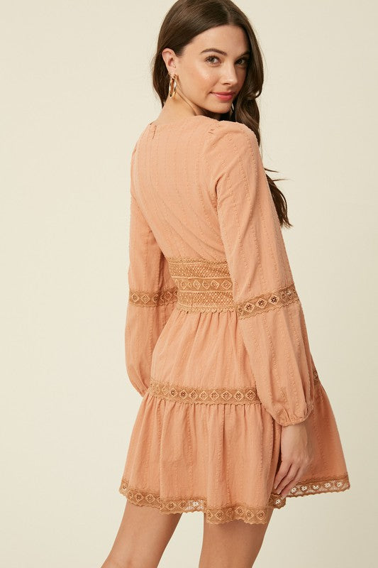 Textured Cotton V-neck Dress With Lace