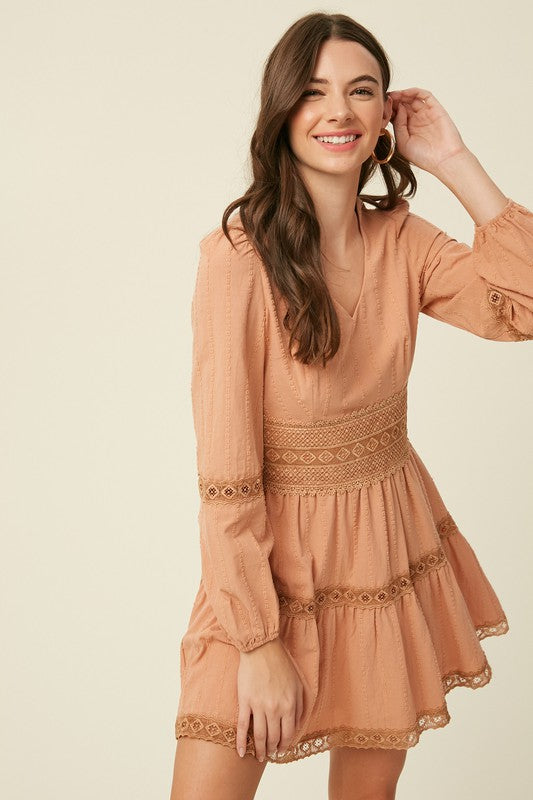 Textured Cotton V-neck Dress With Lace