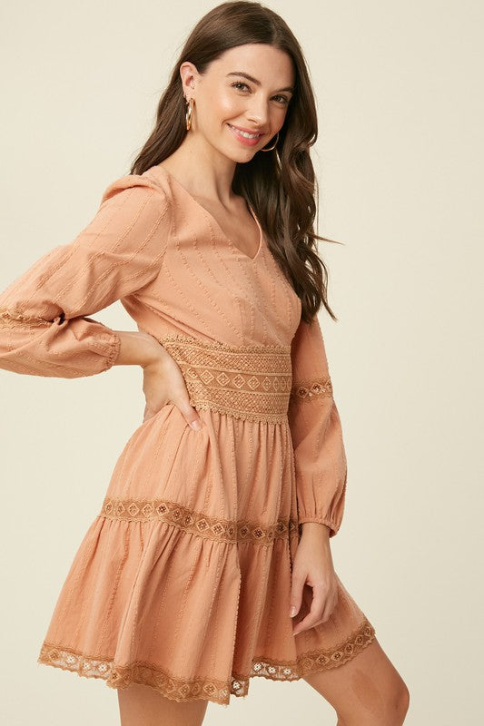 Textured Cotton V-neck Dress With Lace