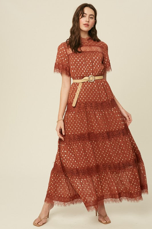 Gold Foil Print Crinkle Chiffon Tiered Maxi Dress