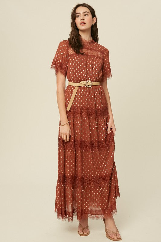 Gold Foil Print Crinkle Chiffon Tiered Maxi Dress