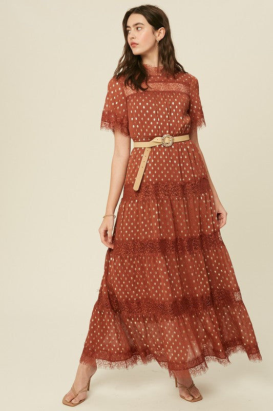 Gold Foil Print Crinkle Chiffon Tiered Maxi Dress