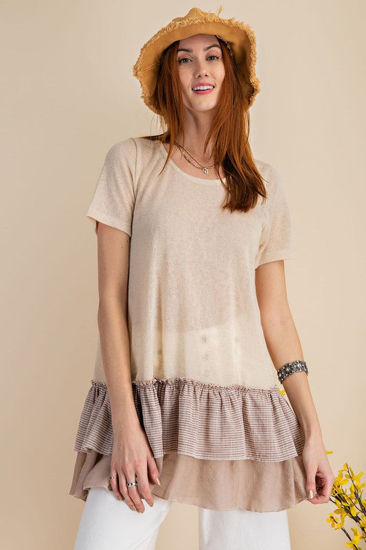 Double Ruffled Sheer Hacci Knit Tunic Top