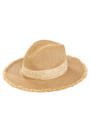 Raw Edge Straw Fedora Hat With White Band