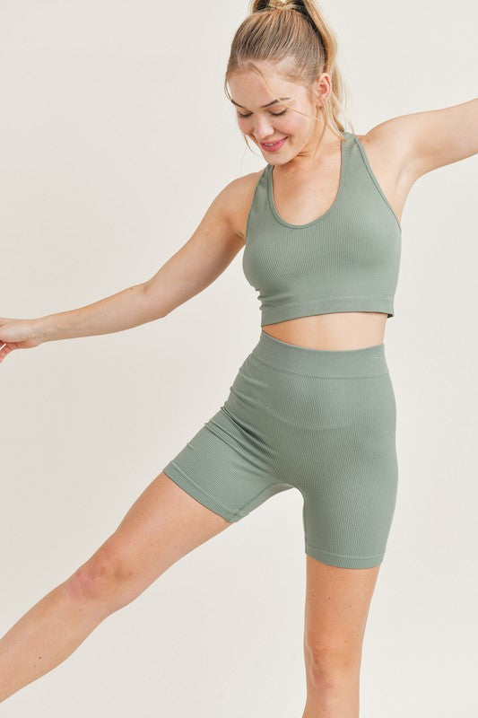 Seamless Ribbed U Neck Crop Top & Biker Shorts Set