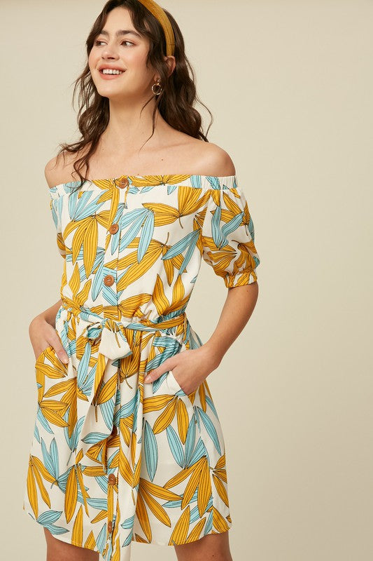 Floral Print Off The Shoulder Button Down Dress