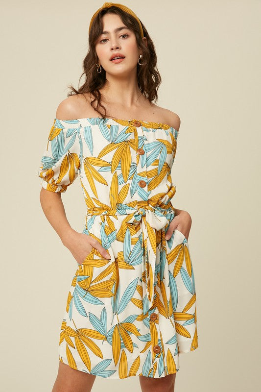 Floral Print Off The Shoulder Button Down Dress