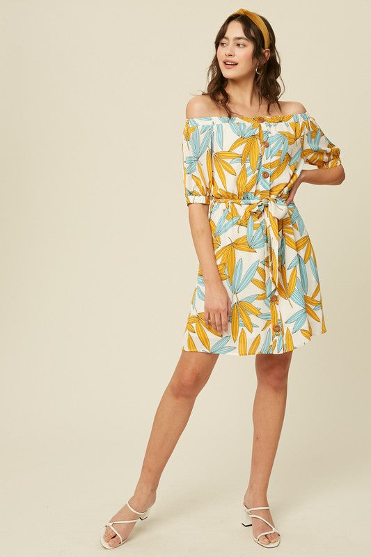 Floral Print Off The Shoulder Button Down Dress