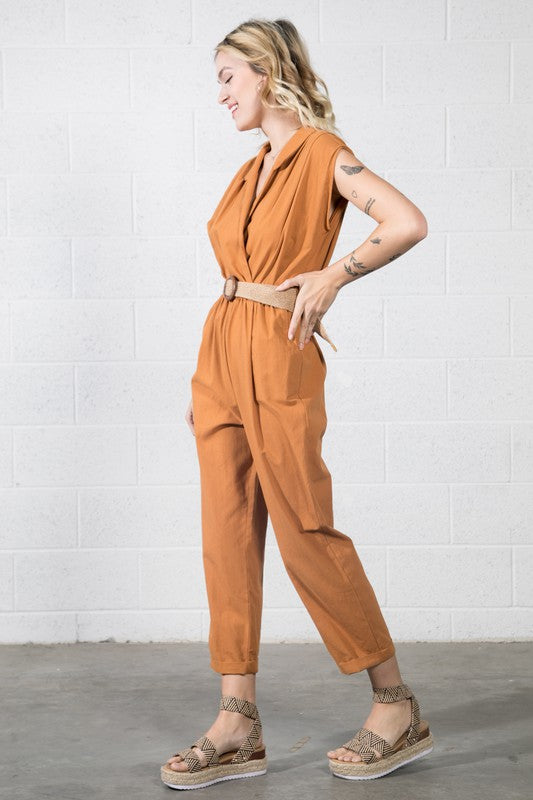 Sleeveless Belted Camel Jumpsuit