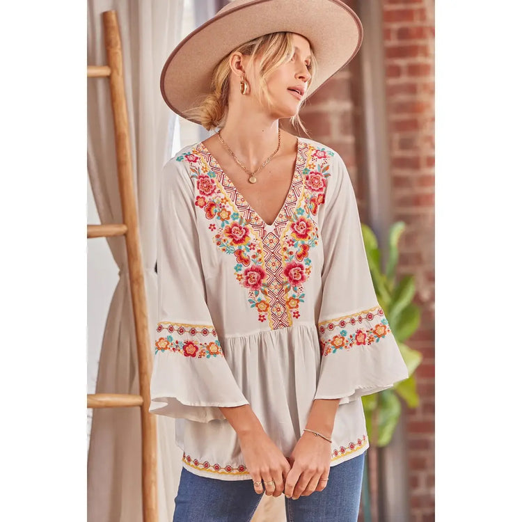 Classic Floral V Neck Embroidered Blouse